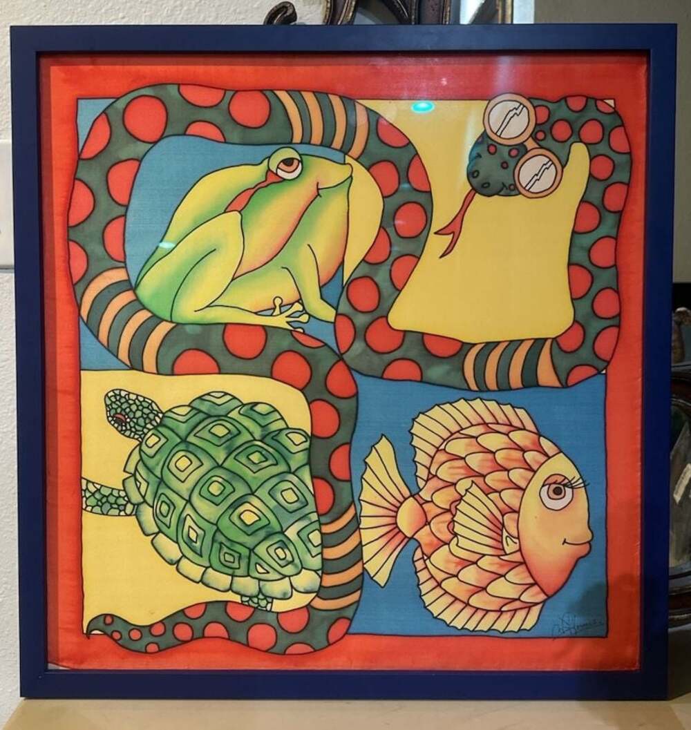Signed Animals Silk Art Framed Print featuring Frog Snake Turtle Fish